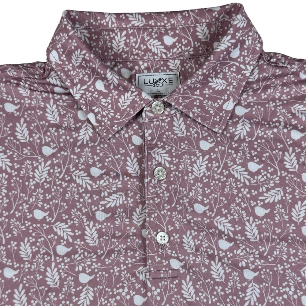 Luxxe Golf Polo Shirt Birds Leafs AOP performance Rose Gold Men’s Size Large